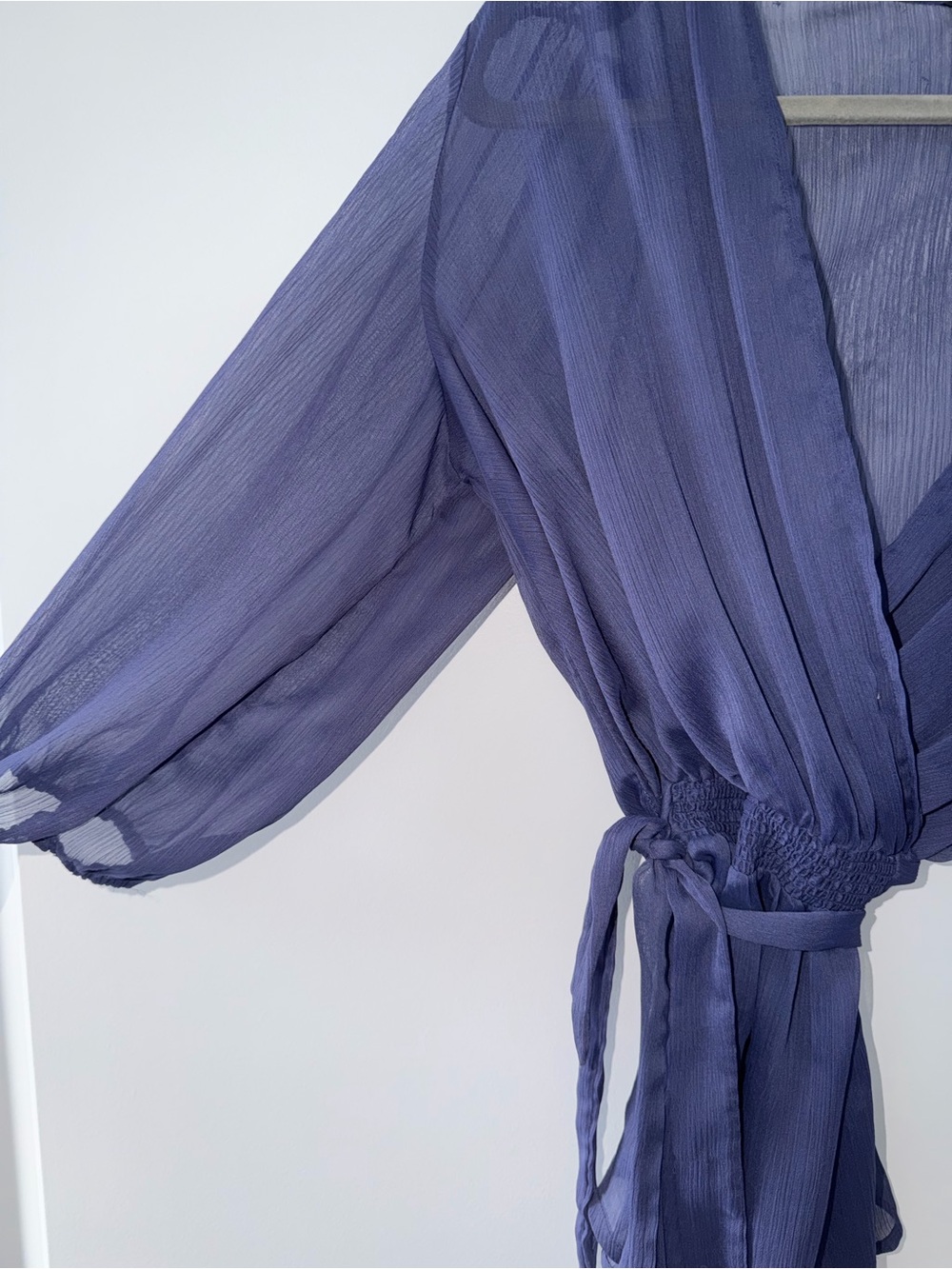 Express Blue/Periwinkle Sheer Wrap Blouse Size M Smocked Waist Tie | Peplum - Picture 7 of 7